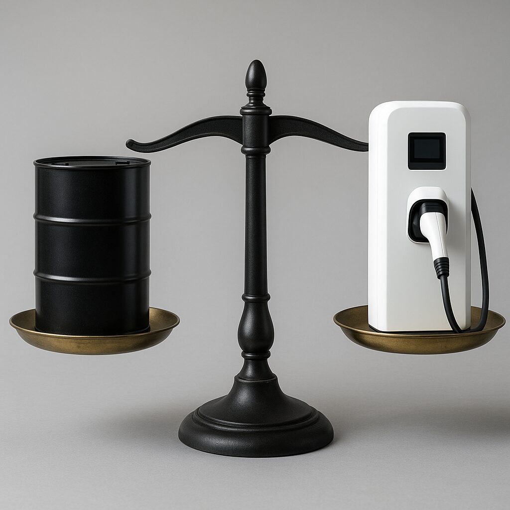 Balanza editorial con un barril de petróleo a un lado y una batería o cargador eléctrico al otro