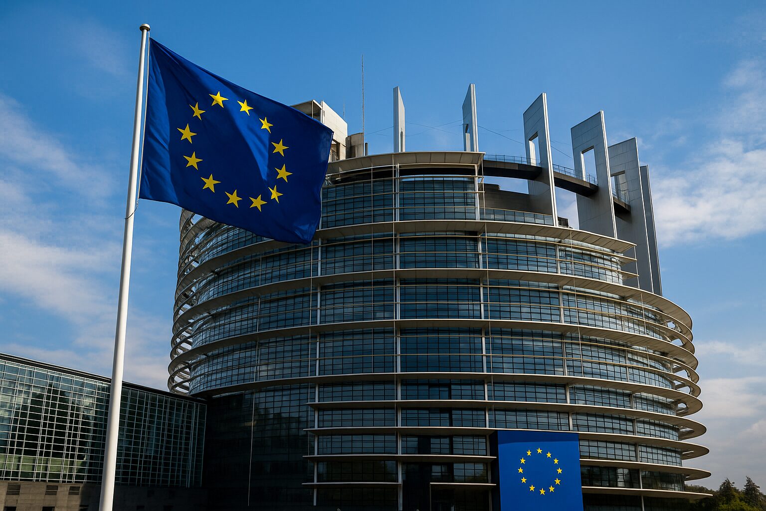 Parlamento Europeo con la bandera de la UE ondeando en primer plano