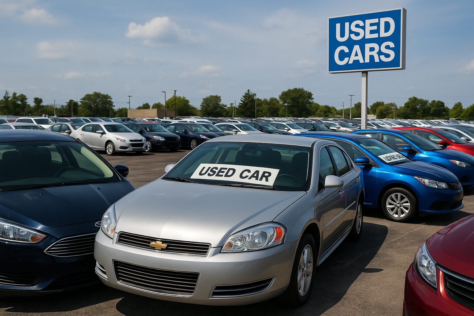 Gran aparcamiento con vehículos de ocasión de distintos segmentos y colores bajo luz natural