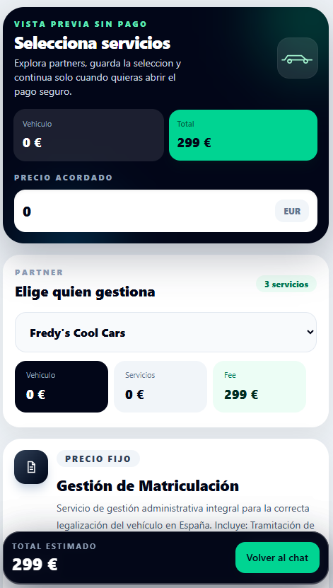 Pantalla de elección de servicios y partner